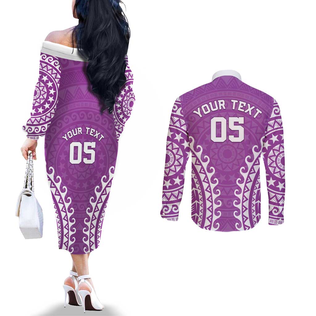 Custom Cook Islands Mangaia Couples Matching Off The Shoulder Long Sleeve Dress and Long Sleeve Button Shirt Polynesian Tribal Tattoo LT05 - Polynesian Pride