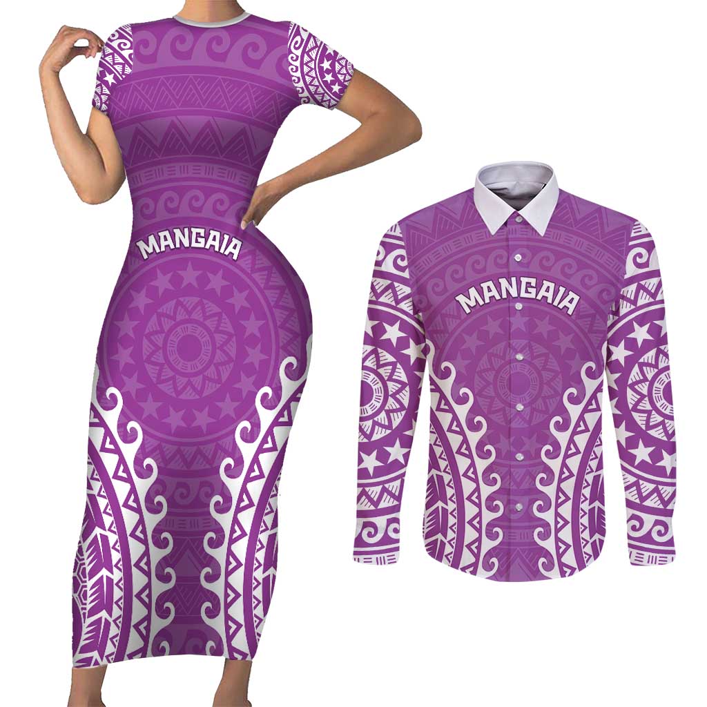 Custom Cook Islands Mangaia Couples Matching Short Sleeve Bodycon Dress and Long Sleeve Button Shirt Polynesian Tribal Tattoo LT05 Pink - Polynesian Pride