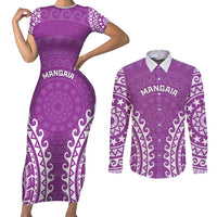 Custom Cook Islands Mangaia Couples Matching Short Sleeve Bodycon Dress and Long Sleeve Button Shirt Polynesian Tribal Tattoo LT05 Pink - Polynesian Pride