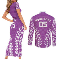 Custom Cook Islands Mangaia Couples Matching Short Sleeve Bodycon Dress and Long Sleeve Button Shirt Polynesian Tribal Tattoo LT05 - Polynesian Pride