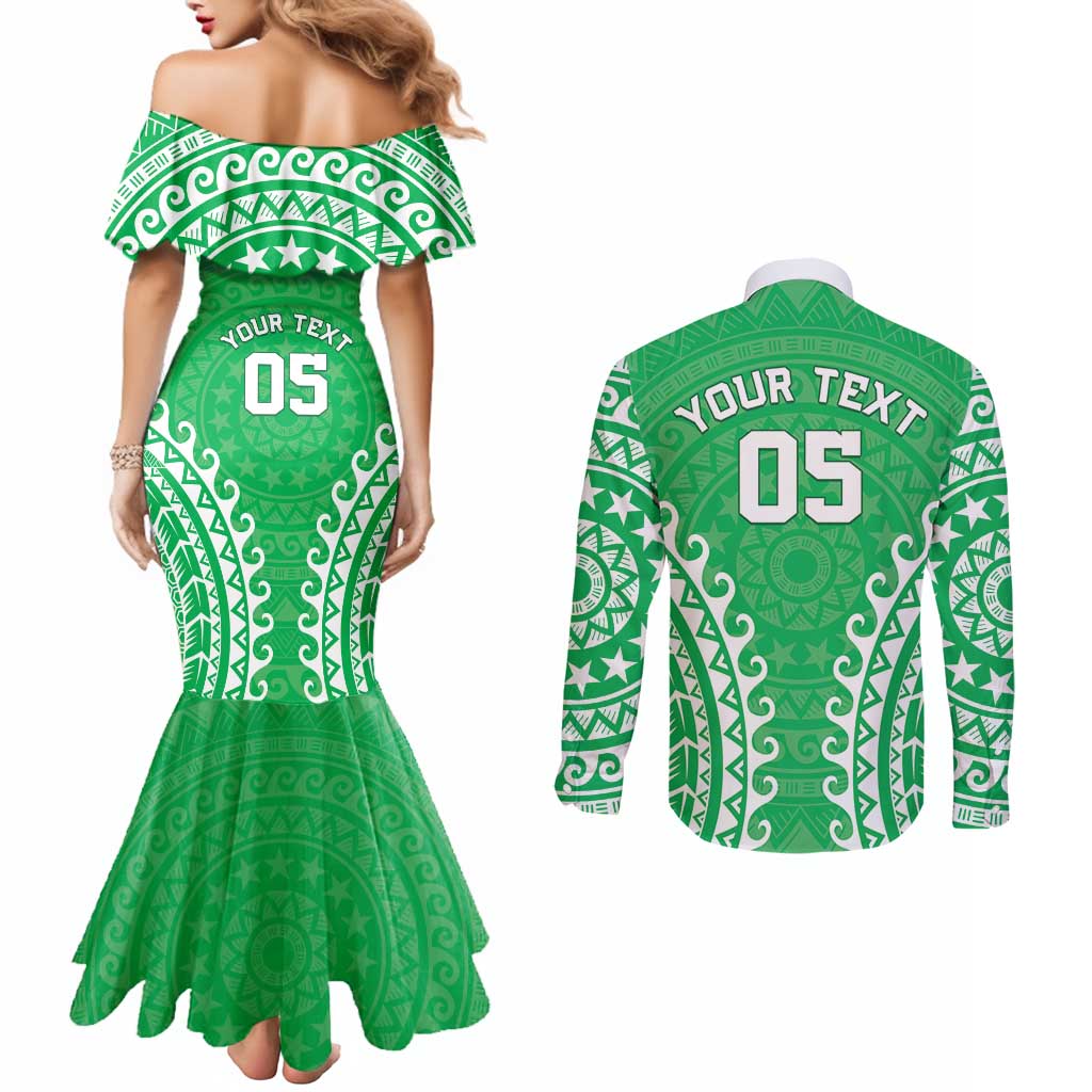 Custom Cook Islands Mitiaro Couples Matching Mermaid Dress and Long Sleeve Button Shirt Polynesian Tribal Tattoo