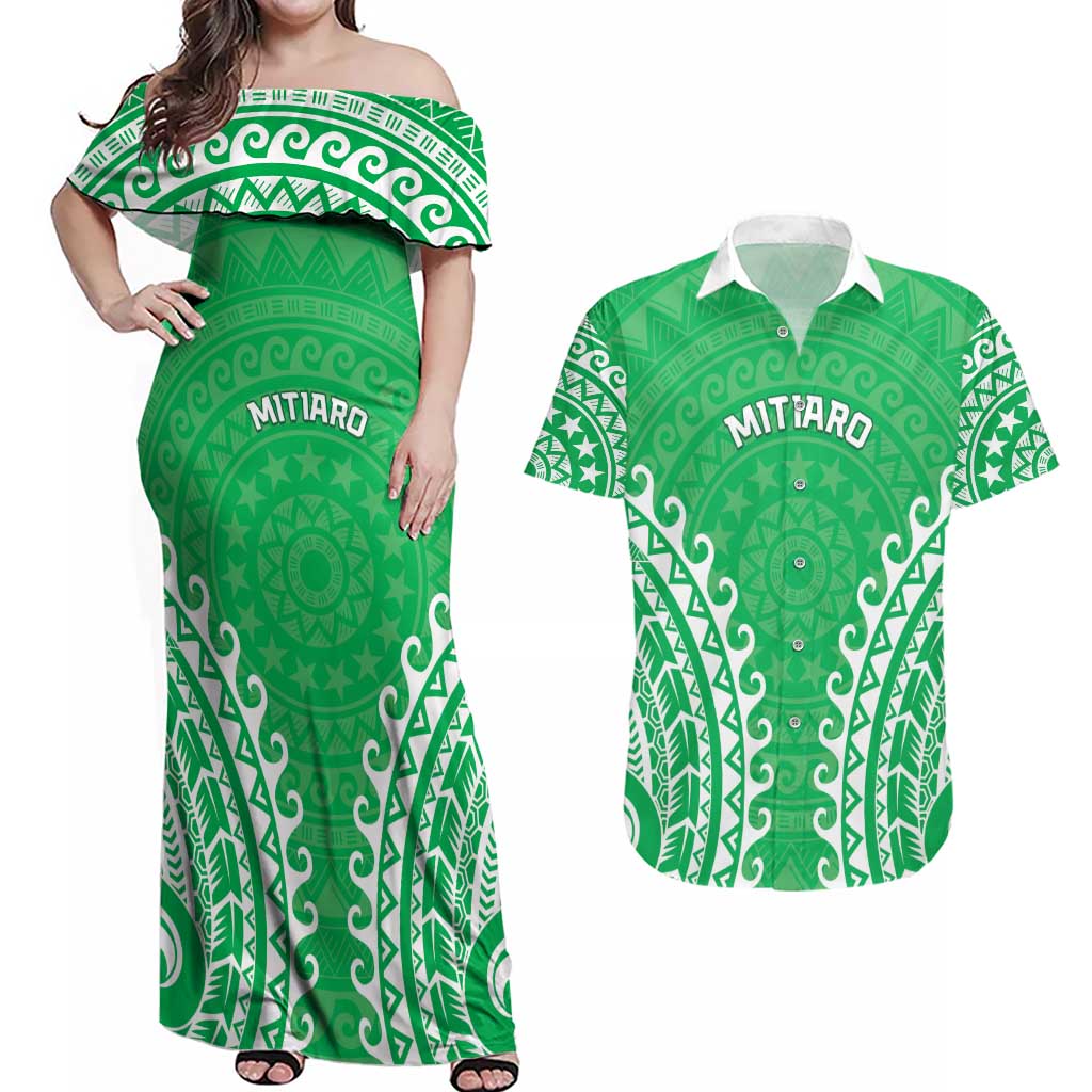 Custom Cook Islands Mitiaro Couples Matching Off Shoulder Maxi Dress and Hawaiian Shirt Polynesian Tribal Tattoo