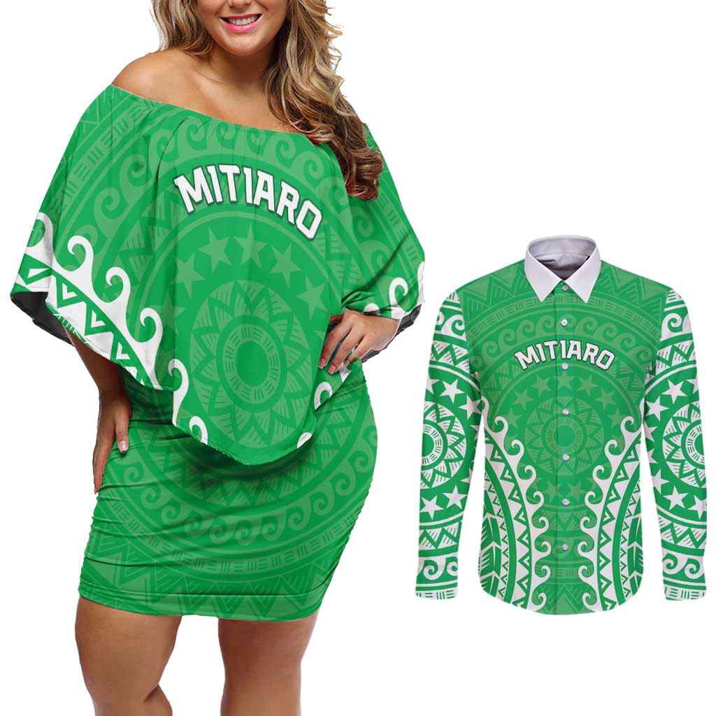 Custom Cook Islands Mitiaro Couples Matching Off Shoulder Short Dress and Long Sleeve Button Shirt Polynesian Tribal Tattoo LT05 Green - Polynesian Pride