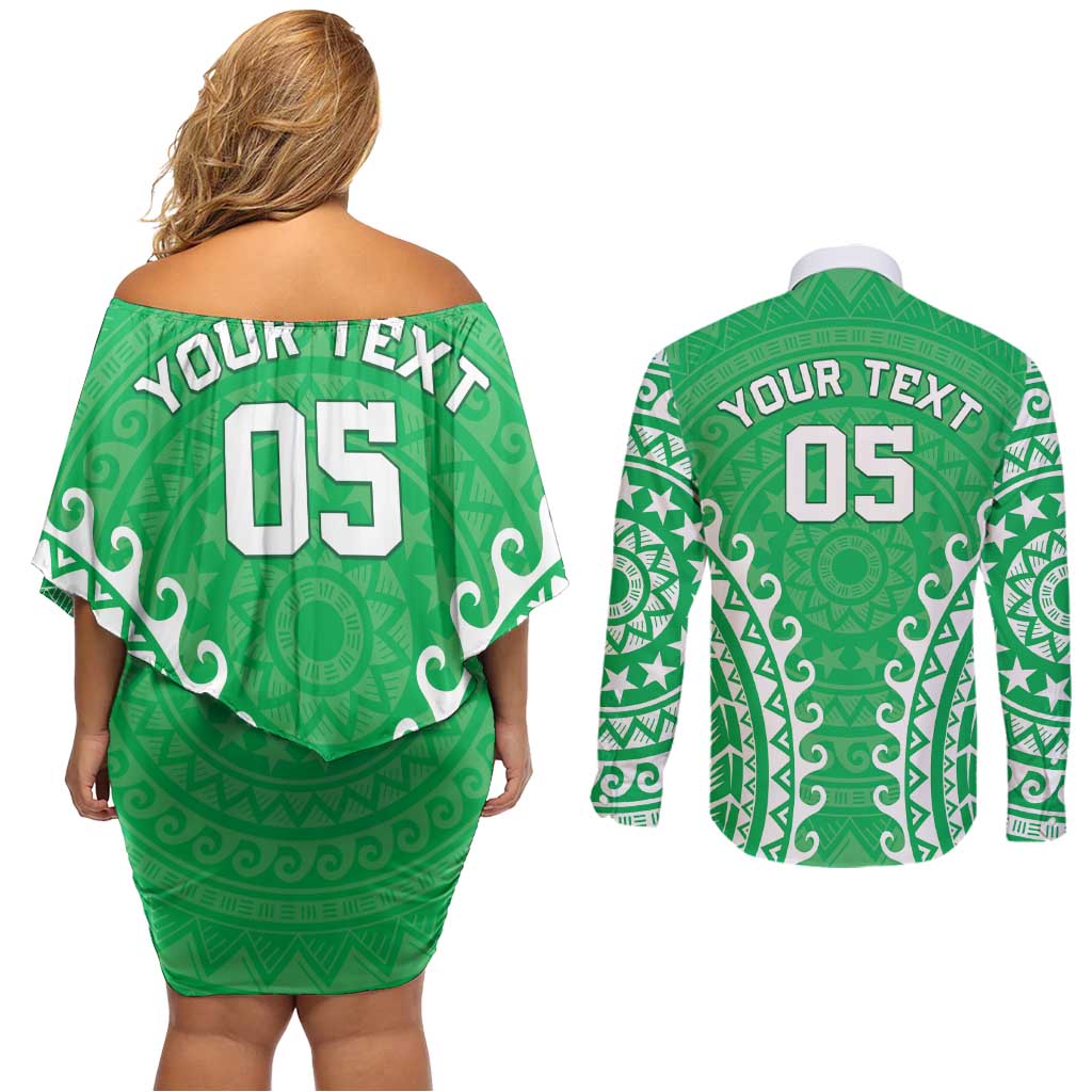 Custom Cook Islands Mitiaro Couples Matching Off Shoulder Short Dress and Long Sleeve Button Shirt Polynesian Tribal Tattoo LT05 - Polynesian Pride