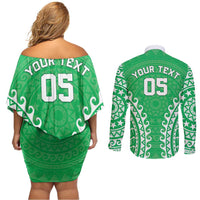 Custom Cook Islands Mitiaro Couples Matching Off Shoulder Short Dress and Long Sleeve Button Shirt Polynesian Tribal Tattoo LT05 - Polynesian Pride