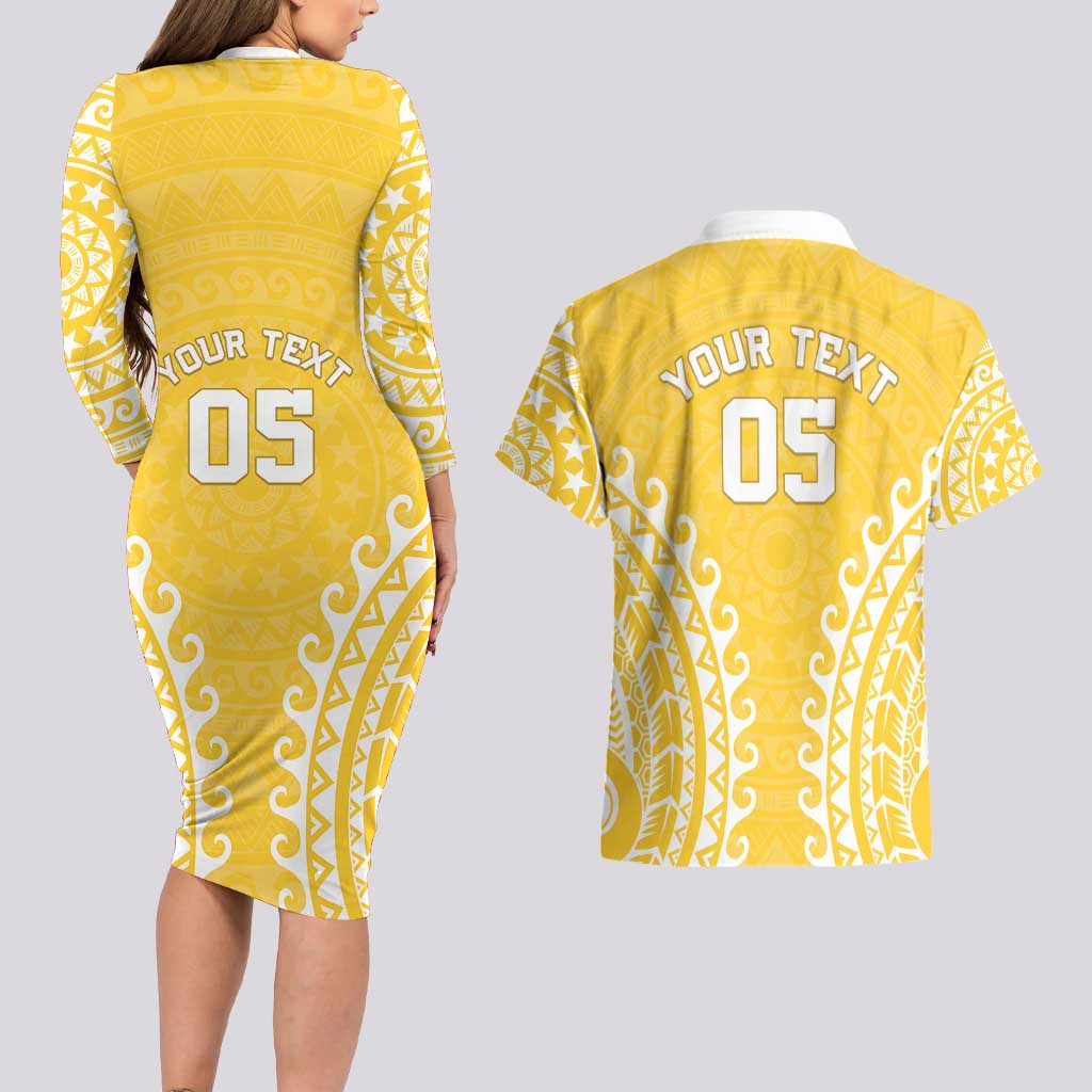 Custom Cook Islands Aitutaki Couples Matching Long Sleeve Bodycon Dress and Hawaiian Shirt Polynesian Tribal Tattoo