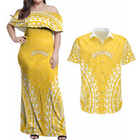 Custom Cook Islands Aitutaki Couples Matching Off Shoulder Maxi Dress and Hawaiian Shirt Polynesian Tribal Tattoo