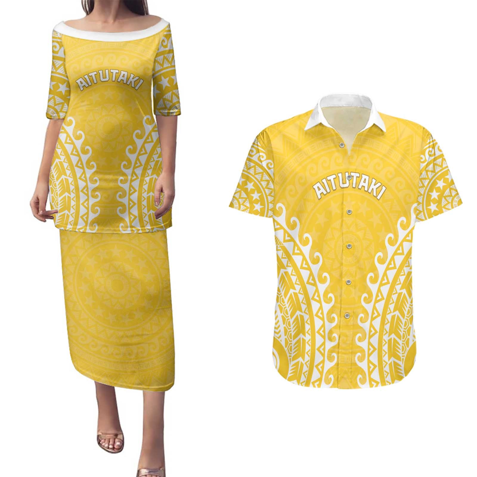 Custom Cook Islands Aitutaki Couples Matching Puletasi and Hawaiian Shirt Polynesian Tribal Tattoo