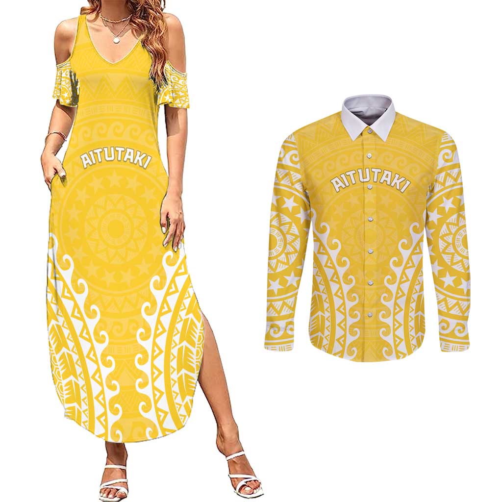 Custom Cook Islands Aitutaki Couples Matching Summer Maxi Dress and Long Sleeve Button Shirt Polynesian Tribal Tattoo
