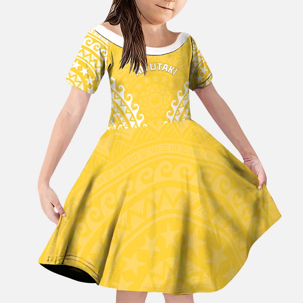 Custom Cook Islands Aitutaki Family Matching Puletasi and Hawaiian Shirt Polynesian Tribal Tattoo LT05 Daughter's Dress Yellow - Polynesian Pride