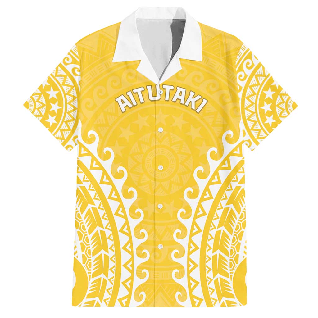 Custom Cook Islands Aitutaki Family Matching Puletasi and Hawaiian Shirt Polynesian Tribal Tattoo LT05 Dad's Shirt - Short Sleeve Yellow - Polynesian Pride