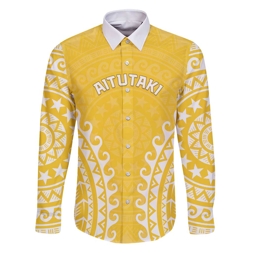 Custom Cook Islands Aitutaki Family Matching Puletasi and Hawaiian Shirt Polynesian Tribal Tattoo LT05 Dad's Shirt - Long Sleeve Yellow - Polynesian Pride
