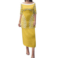 Custom Cook Islands Aitutaki Family Matching Puletasi and Hawaiian Shirt Polynesian Tribal Tattoo LT05 Mom's Dress Yellow - Polynesian Pride