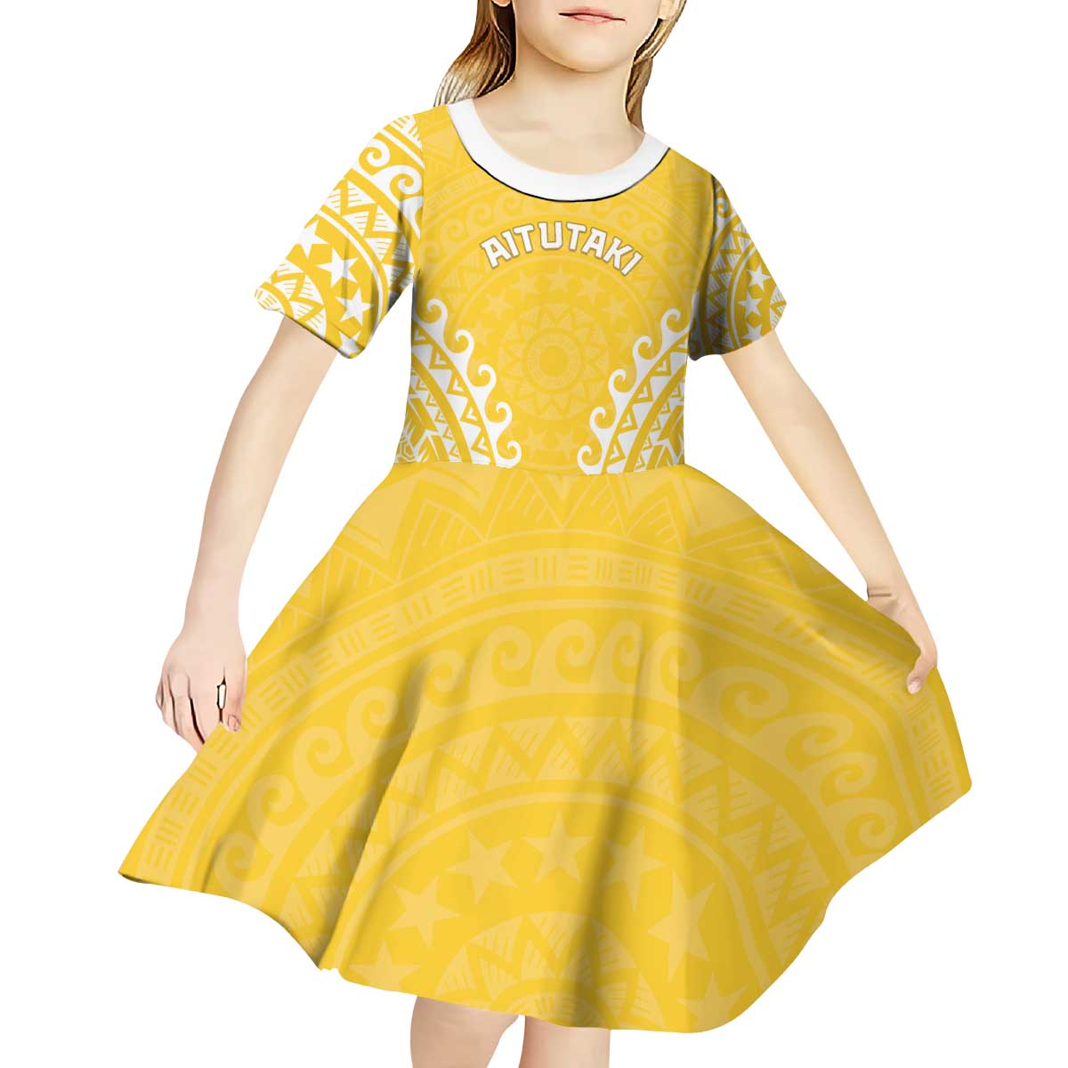 Custom Cook Islands Aitutaki Kid Short Sleeve Dress Polynesian Tribal Tattoo