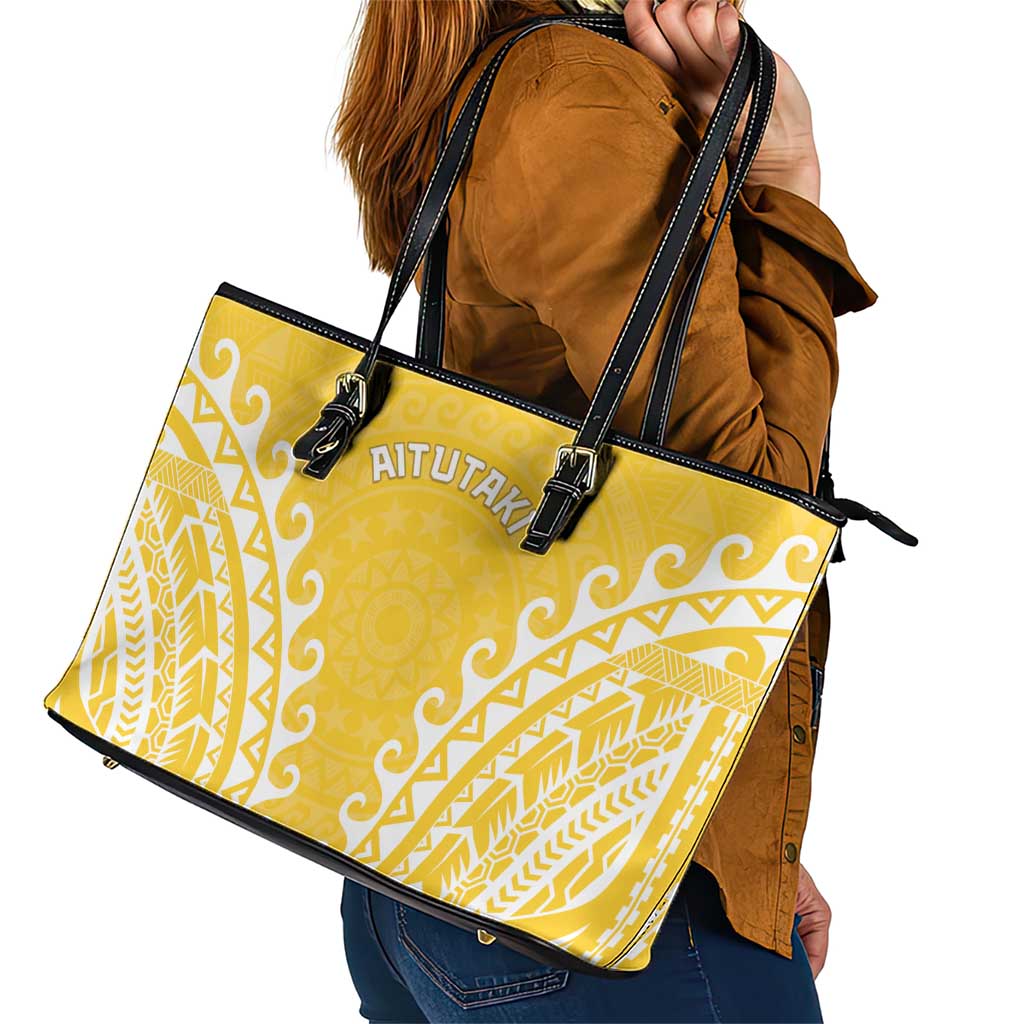 Custom Cook Islands Aitutaki Leather Tote Bag Polynesian Tribal Tattoo