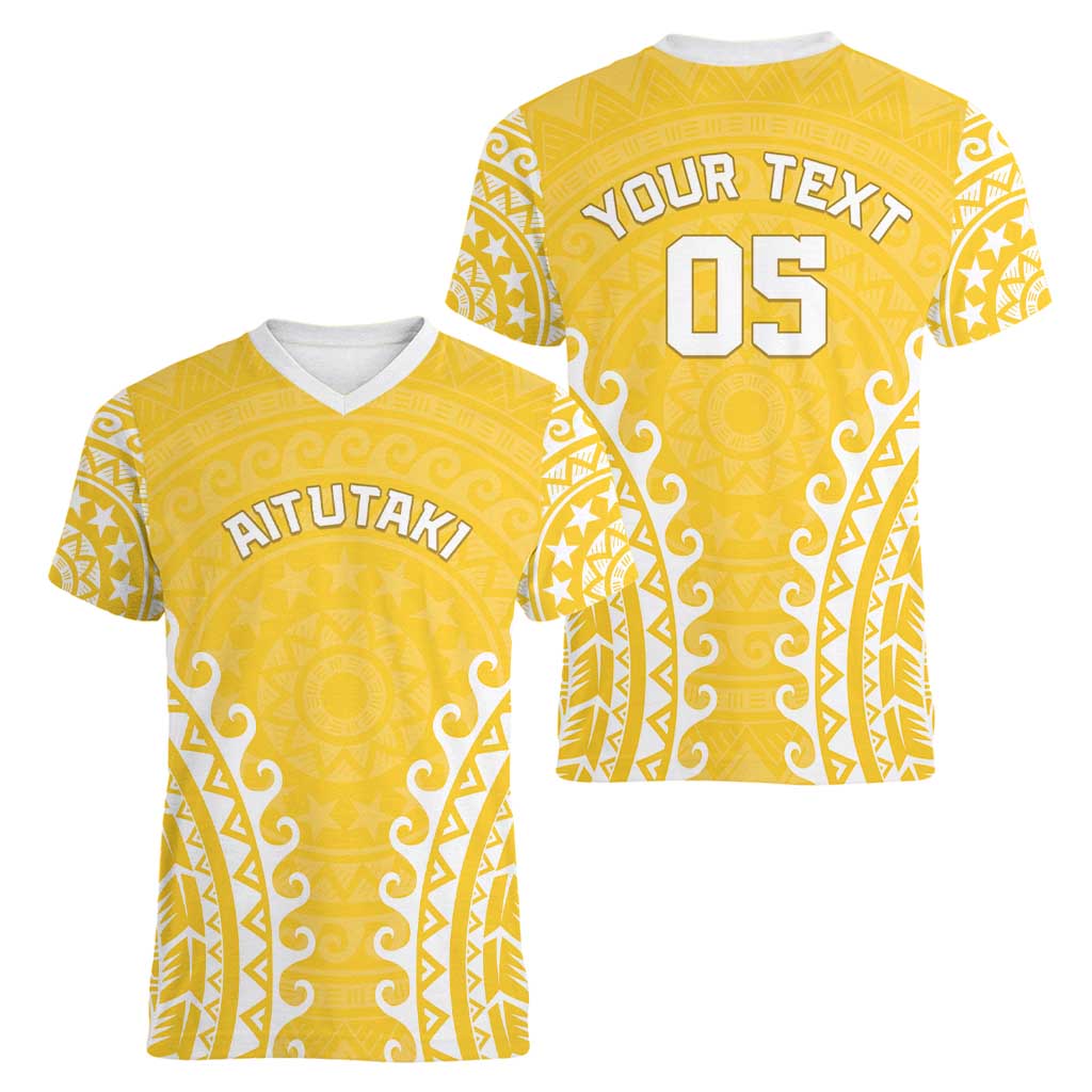 Custom Cook Islands Aitutaki Women V-Neck T-Shirt Polynesian Tribal Tattoo