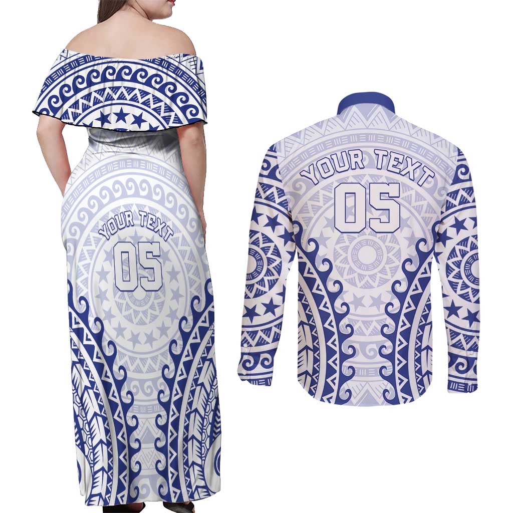 Custom Cook Islands Palmerston Couples Matching Off Shoulder Maxi Dress and Long Sleeve Button Shirt Polynesian Tribal Tattoo