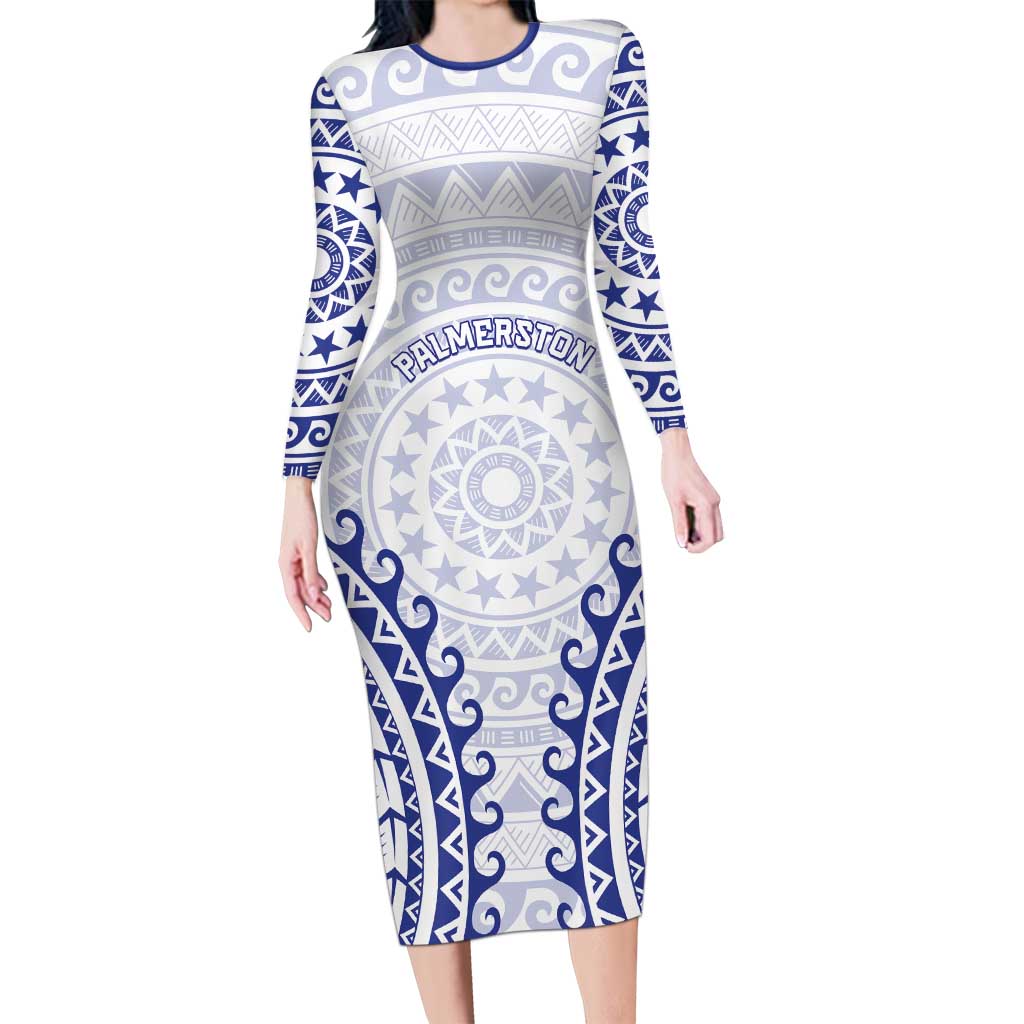 Custom Cook Islands Palmerston Family Matching Long Sleeve Bodycon Dress and Hawaiian Shirt Polynesian Tribal Tattoo LT05 Mom's Dress Navy - Polynesian Pride