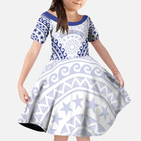 Custom Cook Islands Palmerston Family Matching Off The Shoulder Long Sleeve Dress and Hawaiian Shirt Polynesian Tribal Tattoo LT05 Daughter's Dress Navy - Polynesian Pride