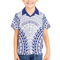 Custom Cook Islands Palmerston Family Matching Off The Shoulder Long Sleeve Dress and Hawaiian Shirt Polynesian Tribal Tattoo LT05 Son's Shirt Navy - Polynesian Pride