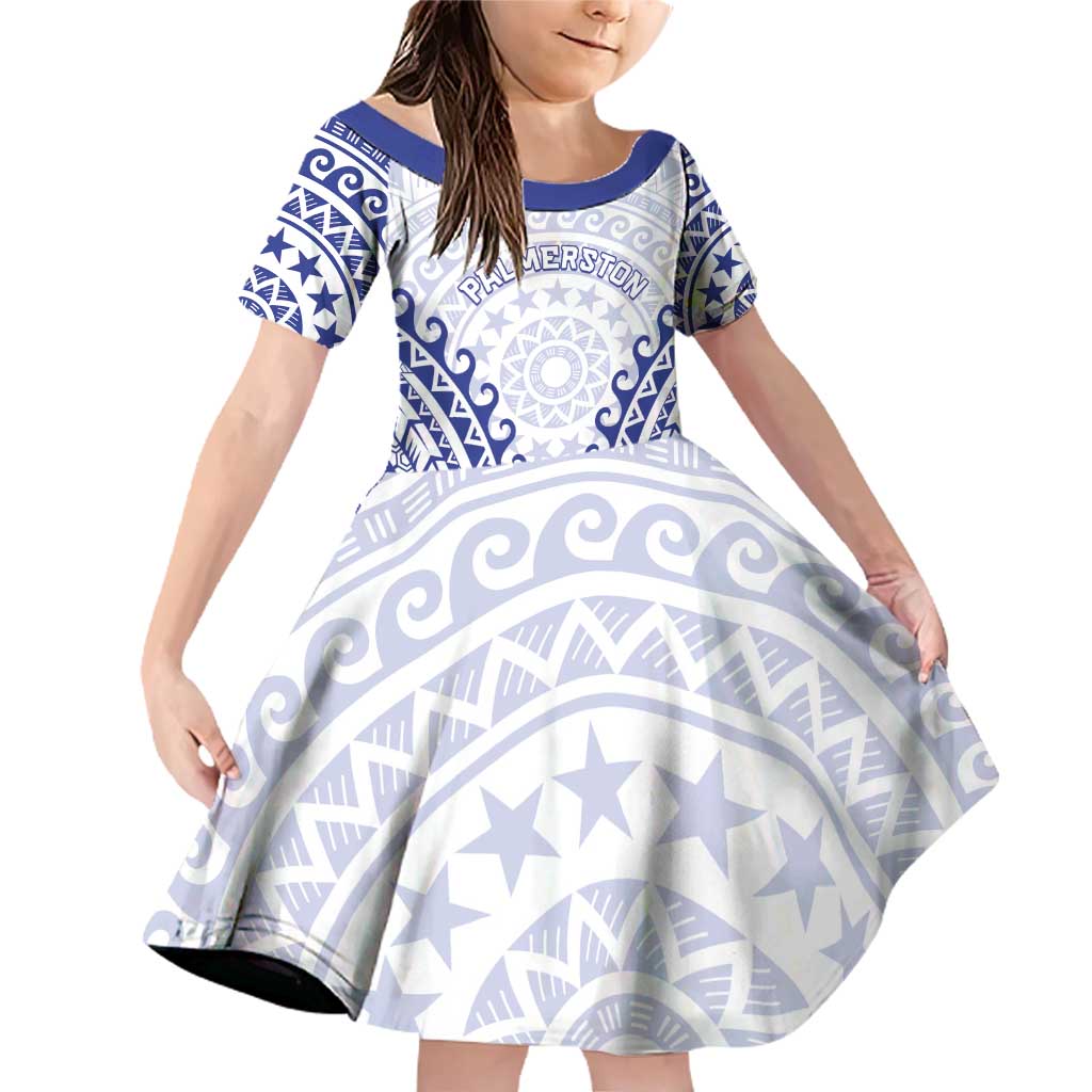 Custom Cook Islands Palmerston Family Matching Off Shoulder Short Dress and Hawaiian Shirt Polynesian Tribal Tattoo LT05 Daughter's Dress Navy - Polynesian Pride