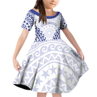 Custom Cook Islands Palmerston Family Matching Off Shoulder Short Dress and Hawaiian Shirt Polynesian Tribal Tattoo LT05 Daughter's Dress Navy - Polynesian Pride