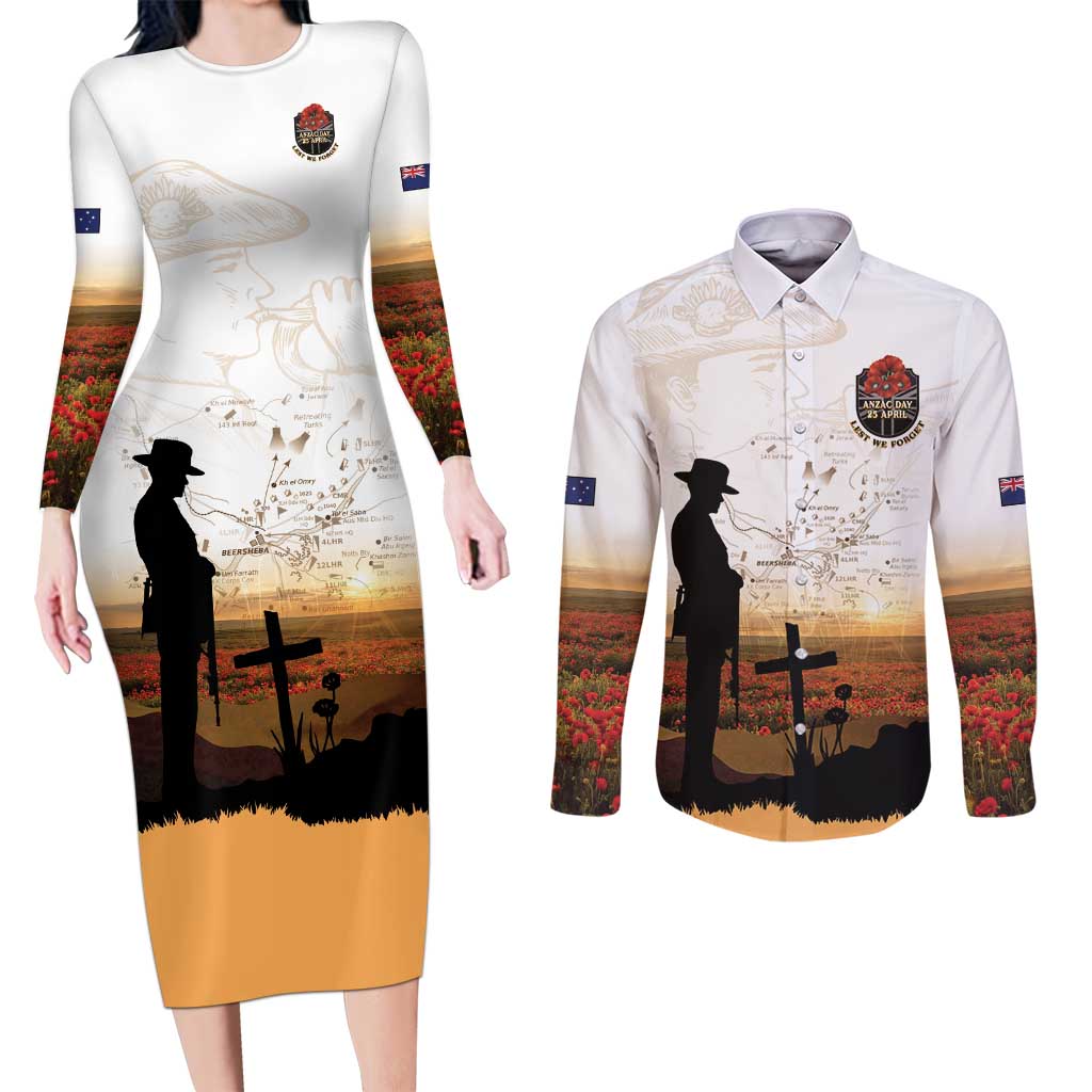 Australia And New Zealand ANZAC Day Couples Matching Long Sleeve Bodycon Dress and Long Sleeve Button Shirt Battle Of Beersheba LT05 Beige - Polynesian Pride