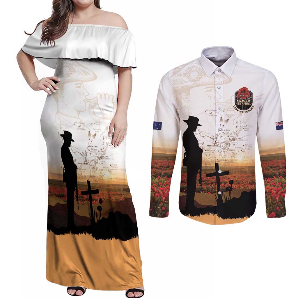Australia And New Zealand ANZAC Day Couples Matching Off Shoulder Maxi Dress and Long Sleeve Button Shirt Battle Of Beersheba LT05 Beige - Polynesian Pride
