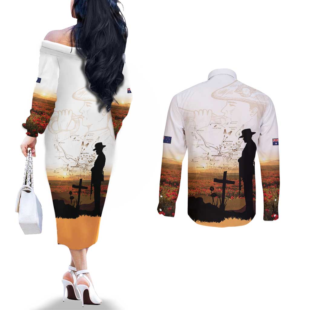 Australia And New Zealand ANZAC Day Couples Matching Off The Shoulder Long Sleeve Dress and Long Sleeve Button Shirt Battle Of Beersheba LT05 - Polynesian Pride