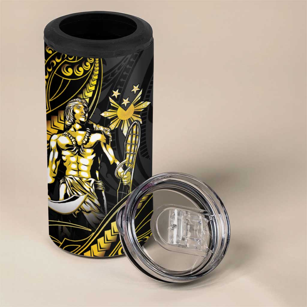 Filipinos Lapu Lapu Hero 4 in 1 Can Cooler Tumbler Gold Polynesian Tribal Tattoo