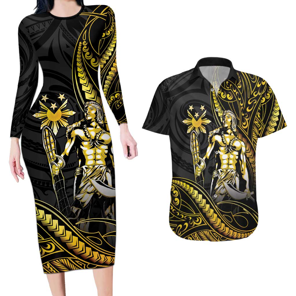 Filipinos Lapu Lapu Hero Couples Matching Long Sleeve Bodycon Dress and Hawaiian Shirt Gold Polynesian Tribal Tattoo