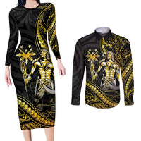 Filipinos Lapu Lapu Hero Couples Matching Long Sleeve Bodycon Dress and Long Sleeve Button Shirt Gold Polynesian Tribal Tattoo LT05 Gold - Polynesian Pride