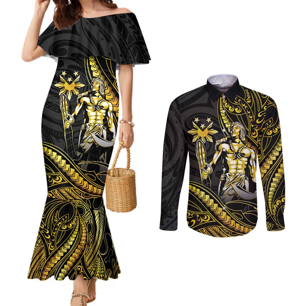 Filipinos Lapu Lapu Hero Couples Matching Mermaid Dress and Long Sleeve Button Shirt Gold Polynesian Tribal Tattoo LT05 Gold - Polynesian Pride