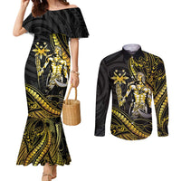 Filipinos Lapu Lapu Hero Couples Matching Mermaid Dress and Long Sleeve Button Shirt Gold Polynesian Tribal Tattoo LT05 Gold - Polynesian Pride
