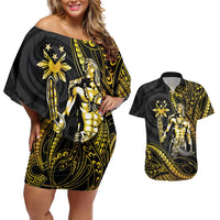Filipinos Lapu Lapu Hero Couples Matching Off Shoulder Short Dress and Hawaiian Shirt Gold Polynesian Tribal Tattoo LT05 Gold - Polynesian Pride