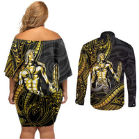 Filipinos Lapu Lapu Hero Couples Matching Off Shoulder Short Dress and Long Sleeve Button Shirt Gold Polynesian Tribal Tattoo LT05 - Polynesian Pride