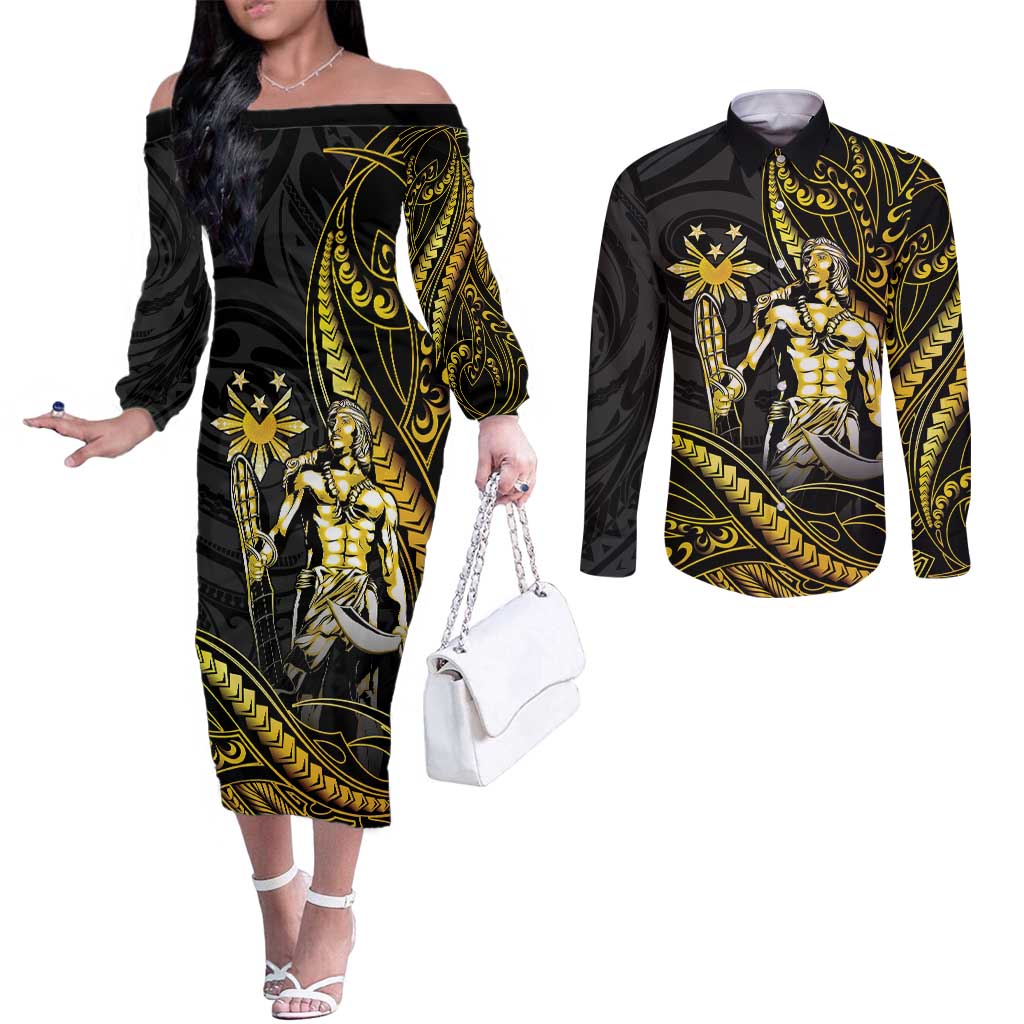 Filipinos Lapu Lapu Hero Couples Matching Off The Shoulder Long Sleeve Dress and Long Sleeve Button Shirt Gold Polynesian Tribal Tattoo