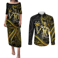 Filipinos Lapu Lapu Hero Couples Matching Puletasi and Long Sleeve Button Shirt Gold Polynesian Tribal Tattoo