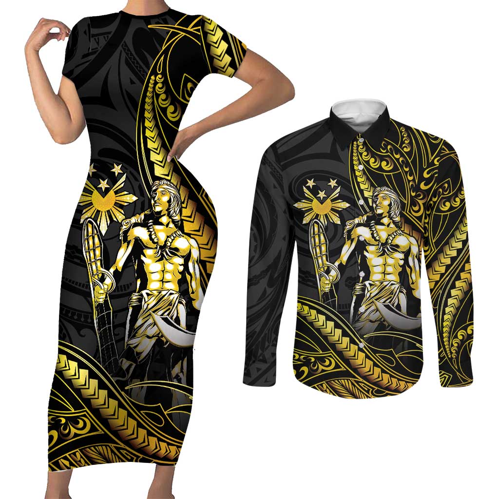 Filipinos Lapu Lapu Hero Couples Matching Short Sleeve Bodycon Dress and Long Sleeve Button Shirt Gold Polynesian Tribal Tattoo