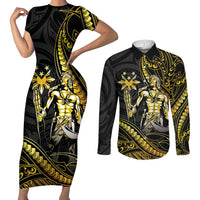Filipinos Lapu Lapu Hero Couples Matching Short Sleeve Bodycon Dress and Long Sleeve Button Shirt Gold Polynesian Tribal Tattoo LT05 Gold - Polynesian Pride