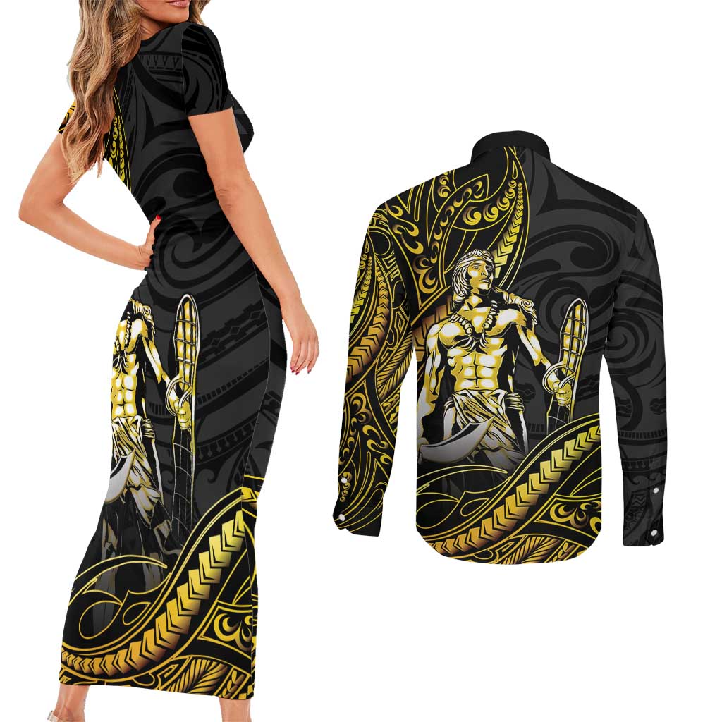 Filipinos Lapu Lapu Hero Couples Matching Short Sleeve Bodycon Dress and Long Sleeve Button Shirt Gold Polynesian Tribal Tattoo LT05 - Polynesian Pride
