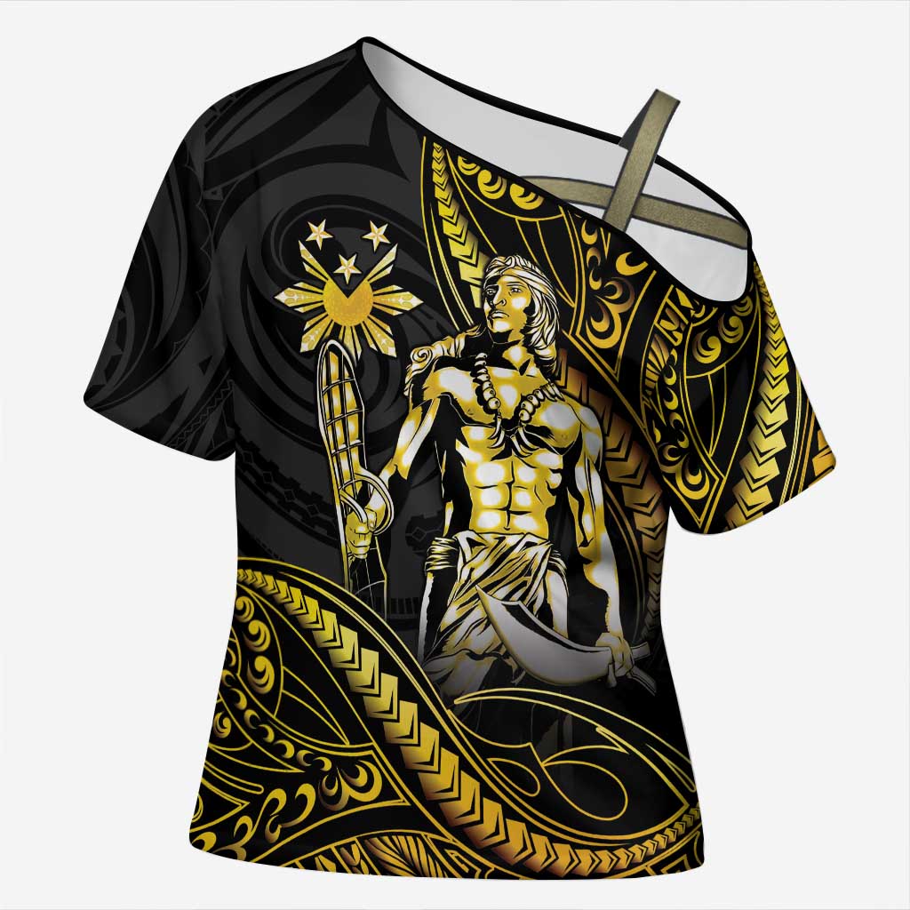Filipinos Lapu Lapu Hero Cross Shoulder Shirt Gold Polynesian Tribal Tattoo LT05 Female Gold - Polynesian Pride