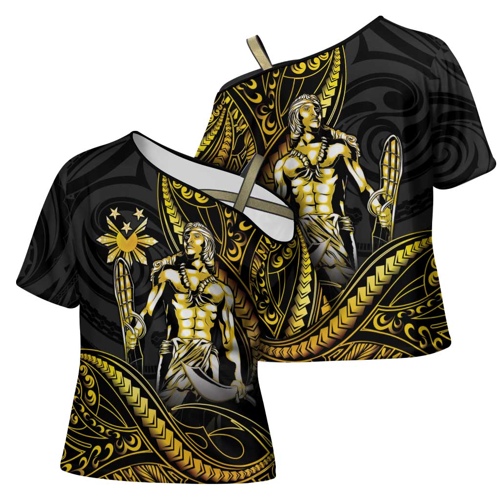 Filipinos Lapu Lapu Hero Cross Shoulder Shirt Gold Polynesian Tribal Tattoo LT05 - Polynesian Pride