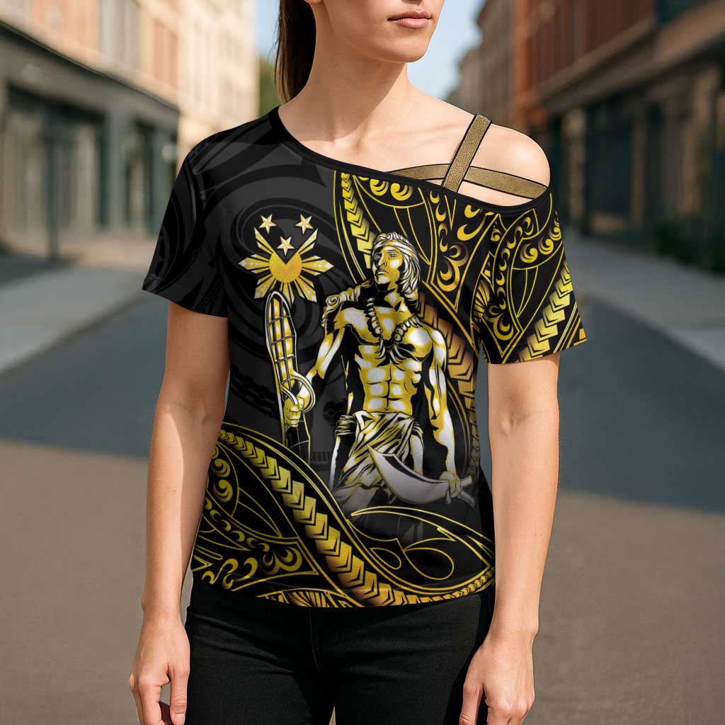 Filipinos Lapu Lapu Hero Cross Shoulder Shirt Gold Polynesian Tribal Tattoo LT05 - Polynesian Pride