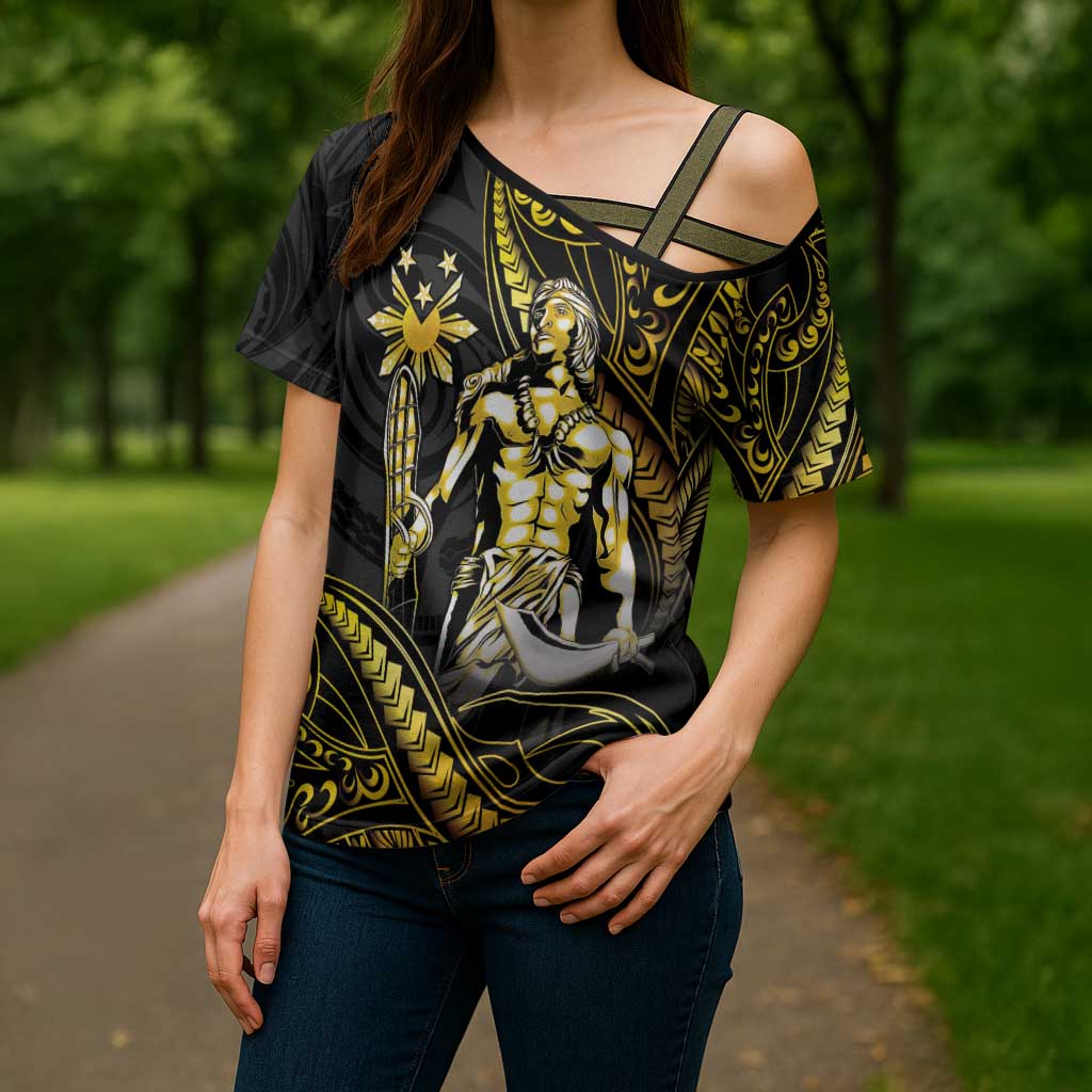 Filipinos Lapu Lapu Hero Cross Shoulder Shirt Gold Polynesian Tribal Tattoo LT05 - Polynesian Pride