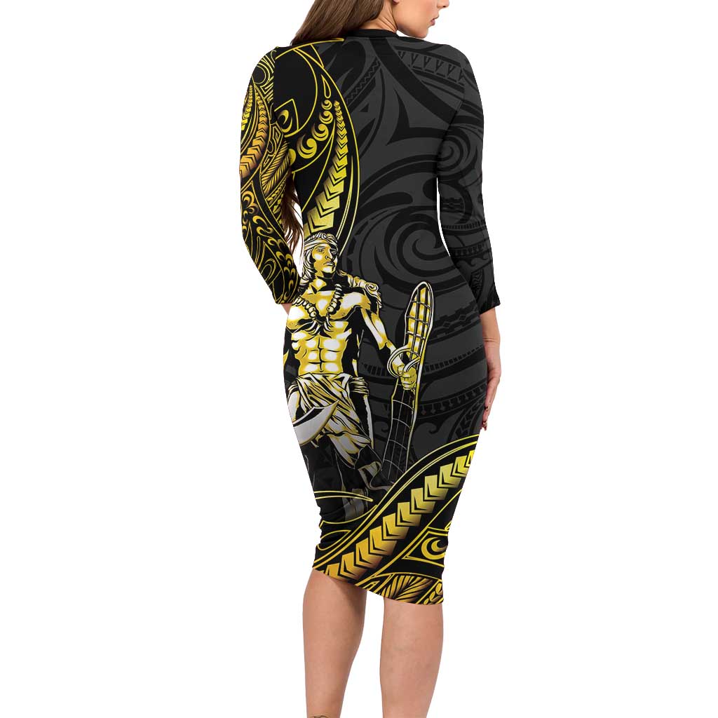 Filipinos Lapu Lapu Hero Family Matching Long Sleeve Bodycon Dress and Hawaiian Shirt Gold Polynesian Tribal Tattoo LT05 - Polynesian Pride