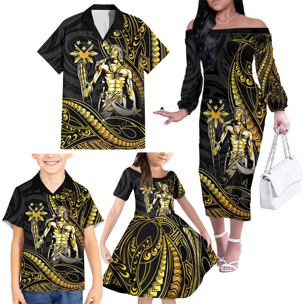 Filipinos Lapu Lapu Hero Family Matching Off The Shoulder Long Sleeve Dress and Hawaiian Shirt Gold Polynesian Tribal Tattoo