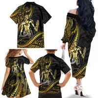 Filipinos Lapu Lapu Hero Family Matching Off The Shoulder Long Sleeve Dress and Hawaiian Shirt Gold Polynesian Tribal Tattoo LT05 - Polynesian Pride