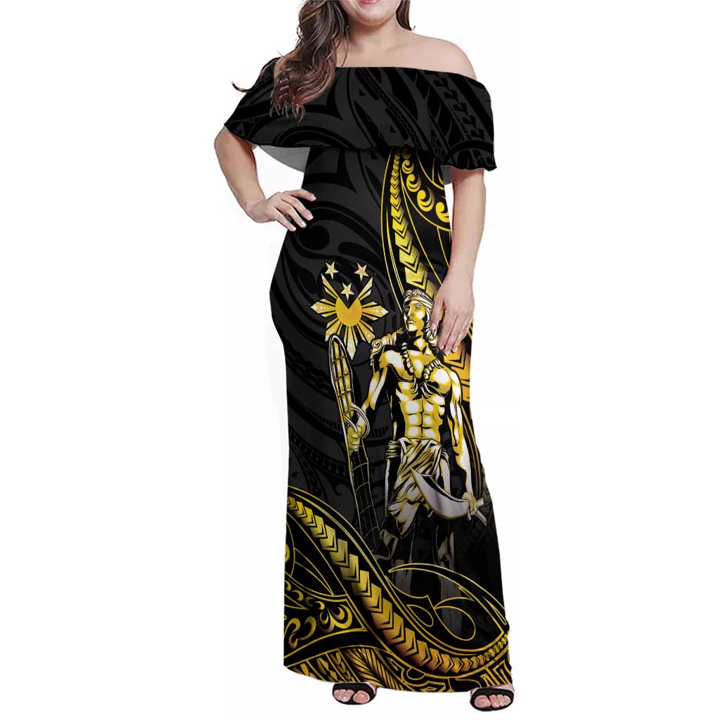 Filipinos Lapu Lapu Hero Family Matching Off Shoulder Maxi Dress and Hawaiian Shirt Gold Polynesian Tribal Tattoo LT05 Mom's Dress Gold - Polynesian Pride