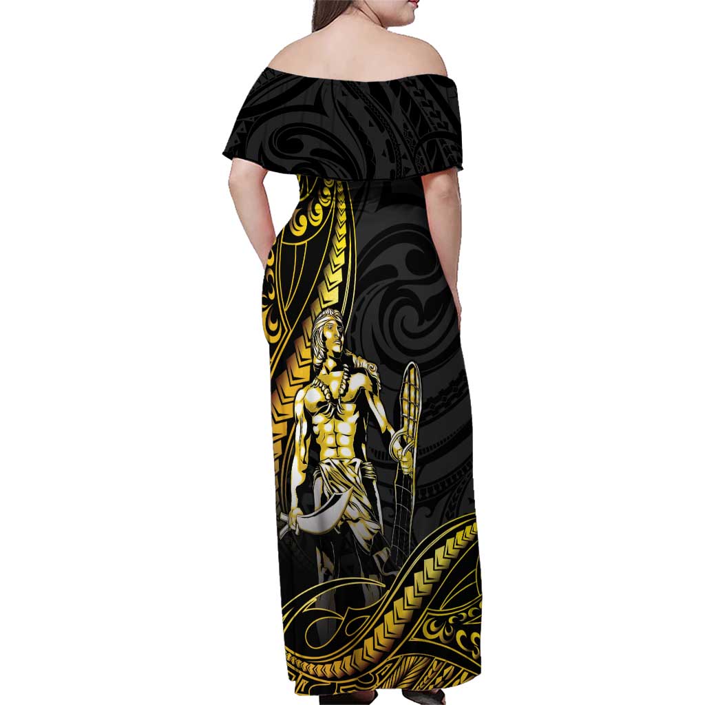 Filipinos Lapu Lapu Hero Family Matching Off Shoulder Maxi Dress and Hawaiian Shirt Gold Polynesian Tribal Tattoo LT05 - Polynesian Pride